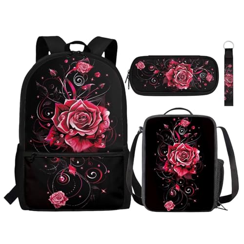 NETILGEN Büchertaschen-Set für Kinder, Schulanfang, mit isolierter Lunchtasche, Federmäppchen, Schlüsselanhänger, Geschenk für Mädchen, Jungen, Kinder, Jugendliche, rote rose, Einheitsgröße, von NETILGEN