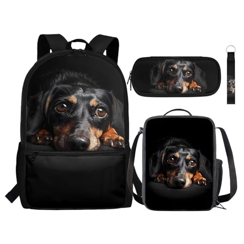 NETILGEN Büchertaschen-Set für Kinder, Schulrucksack, 4-teiliges Set mit Lunchtasche, Federmäppchen, Schlüsselanhänger, Geschenk für Kinder, Teenager, Studenten, Dackel, Schwarz, Einheitsgröße, von NETILGEN