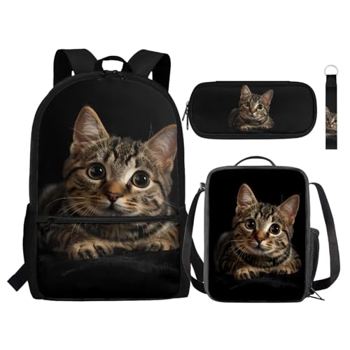 NETILGEN Büchertaschen-Set für Kinder, Schulrucksack, 4-teiliges Set mit Lunchtasche, Federmäppchen, Schlüsselanhänger, Geschenk für Kinder, Teenager, Studenten, Dragon-li Katze schwarz, von NETILGEN