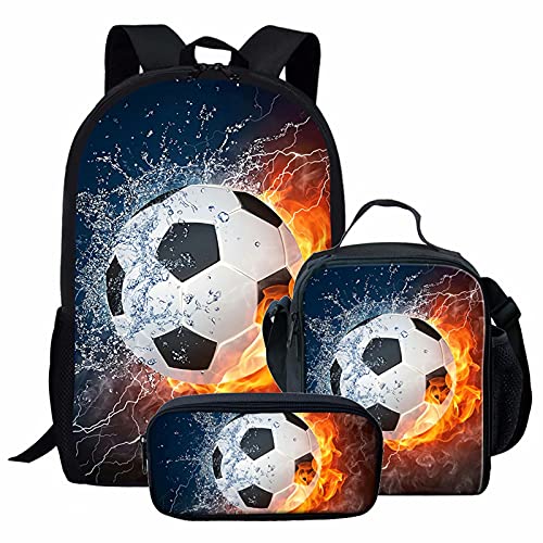 NETILGEN Cool 3D Fußball Rucksack Set Kinder Kinder Große Buchtaschen Kinder Schulranzen 3er Set Mit Lunch Taschen Kleiner Bleistifthalter Zurück zur Schule Geschenke von NETILGEN