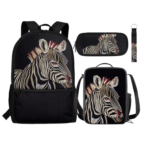 NETILGEN Kinder-Rucksack, 4-in-1, Schulbuchtaschen-Set mit Lebensmittelbehälter, Federmäppchen, Schlüsselanhänger, Geschenk für Jungen und Mädchen, Cool Zebra Black, Einheitsgröße, Tagesrucksäcke von NETILGEN