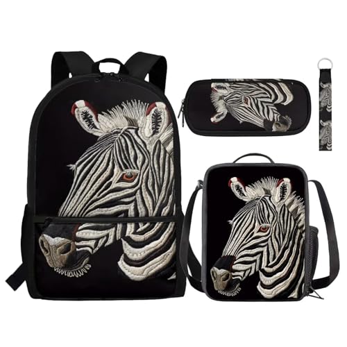NETILGEN Kinder-Rucksack, 4-in-1-Set, inklusive Schultasche, isolierte Lunchtasche, Federmäppchen, Schlüsselanhänger, modische Büchertasche, Rucksack-Set, zebra schwarz, Einheitsgröße, Tagesrucksäcke von NETILGEN