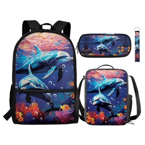 NETILGEN Kinder-Rucksack, 4-teiliges Set, inklusive Schulbüchertasche, Lunch-Tasche, Stiftehalter, Schlüsselanhänger für die Schule, Delfinfisch-Koralle, Einheitsgröße, Tagesrucksäcke von NETILGEN
