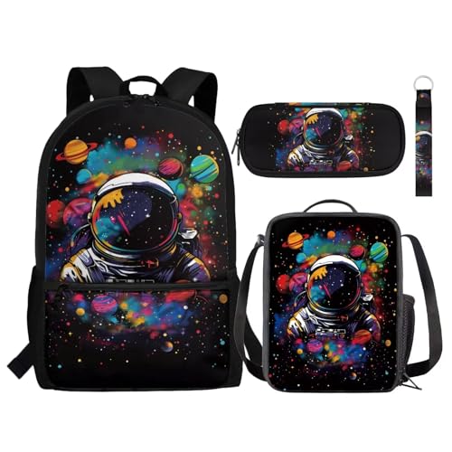 NETILGEN Kinder-Rucksack, 4-teiliges Set, inklusive Schultasche, Lunchtasche, Federmäppchen, Schlüsselanhänger, Schulbedarf, Geschenk, Astronaut Planet schwarz, Einheitsgröße, Tagesrucksäcke von NETILGEN