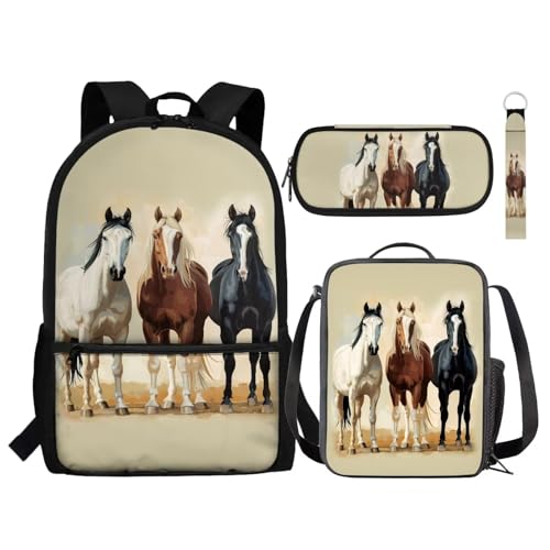 NETILGEN Kinder-Rucksack, 4-teiliges Set, inklusive Schultasche, Lunchtasche, Federmäppchen, Schlüsselanhänger, Schulbedarf, Geschenk, Horse Beige, Einheitsgröße, Tagesrucksäcke von NETILGEN