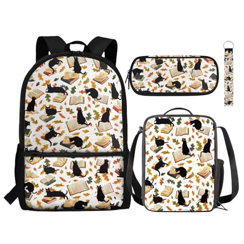 NETILGEN Kinder-Rucksack-Set, niedliches Schultaschen-Set mit Lunchbox, Federmäppchen, Schlüsselanhänger, stilvoller Tagesrucksack, Büchertasche für Jungen und Mädchen, Black Cat Books Herbstblatt, von NETILGEN