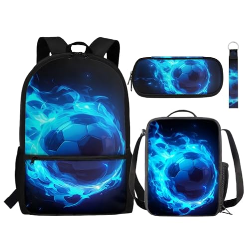 NETILGEN Kinder-Rucksack-Set, niedliches Schultaschen-Set mit Lunchbox, Federmäppchen, Schlüsselanhänger, stilvoller Tagesrucksack, Büchertasche für Jungen und Mädchen, Fußball, Feuerblau, von NETILGEN