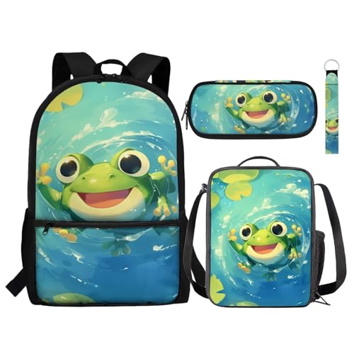 NETILGEN Kinder-Rucksack-Set, niedliches Schultaschen-Set mit Lunchbox, Federmäppchen, Schlüsselanhänger, stilvoller Tagesrucksack, Büchertasche für Jungen und Mädchen, Süßer Frosch, Einheitsgröße, NETILGEN Kinder-Rucksack-Set, niedliches Schultaschen-Set mit Lunchbox, Federmäppchen, Schlüsselanhänger, stilvoller Tagesrucksack, Büchertasche für Jungen und Mädchen, Süßer Frosch, Einheitsgröße, von NETILGEN