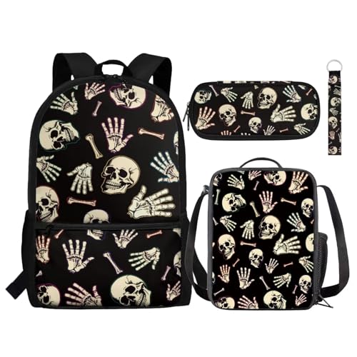 NETILGEN Kinder-Rucksack-Set inklusive Schultasche, isolierter Lunchtasche, Federmäppchen, Schlüsselanhänger, niedliches Büchertaschen-Set für Schule, Reisen, Totenkopf-Skelett-Hand, Einheitsgröße, von NETILGEN