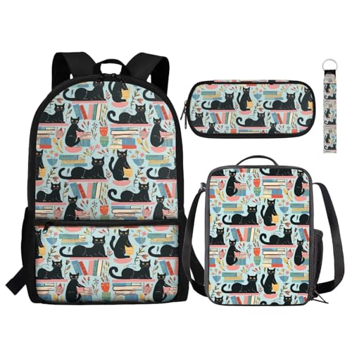 NETILGEN Rucksack 4 in 1 Set für Jungen und Mädchen, inklusive Schulbuchtasche, Mittagessen, Kühltasche, Stifthalter, Schlüsselanhänger, Geschenk für Kinder, Black Cat Books, Blau, Einheitsgröße, von NETILGEN