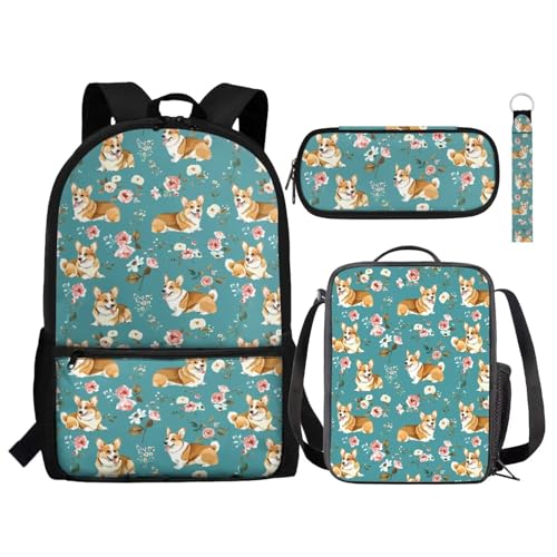 NETILGEN Rucksack 4 in 1 Set für Jungen und Mädchen, inklusive Schulbuchtasche, Mittagessen, Kühltasche, Stifthalter, Schlüsselanhänger, Geschenk für Kinder, Corgi Floral Teal, Einheitsgröße, NETILGEN Rucksack 4 in 1 Set für Jungen und Mädchen, inklusive Schulbuchtasche, Mittagessen, Kühltasche, Stifthalter, Schlüsselanhänger, Geschenk für Kinder, Corgi Floral Teal, Einheitsgröße, von NETILGEN