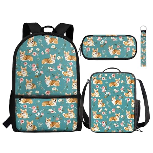 NETILGEN Rucksack 4 in 1 Set für Jungen und Mädchen, inklusive Schulbuchtasche, Mittagessen, Kühltasche, Stifthalter, Schlüsselanhänger, Geschenk für Kinder, Corgi Floral Teal, Einheitsgröße, von NETILGEN