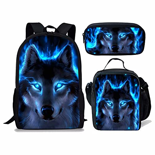 NETILGEN Rucksack Blau Cool Wolf Print 3 In 1 Student Bookbag Schultaschen Set, Einzigartiger Tier Wolf Kinder Rucksack, Kinder Lunch Tote Box Tasche Federmäppchen von NETILGEN