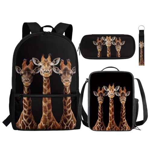 NETILGEN Rucksack für Jungen und Mädchen, 4-teiliges Set, Kinder-Rucksack mit Lunchtasche, Federmäppchen, Schlüsselband, Schlüsselanhänger für den Schulanfang, Giraffe Schwarz, Einheitsgröße, von NETILGEN