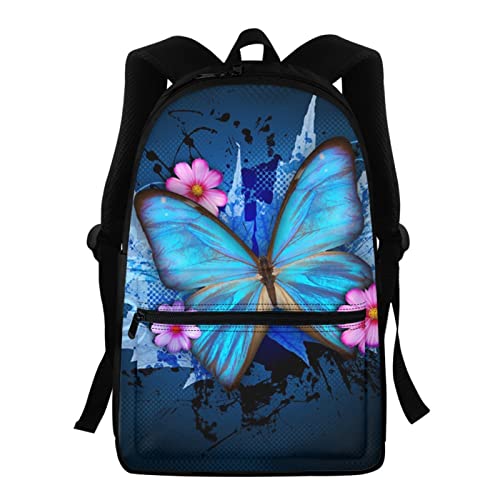 NETILGEN Rucksack für Kinder, Jungen, Mädchen, Schulbuchtasche, Teenager, personalisierbar, blau mit schmetterlingen, Einheitsgröße von NETILGEN