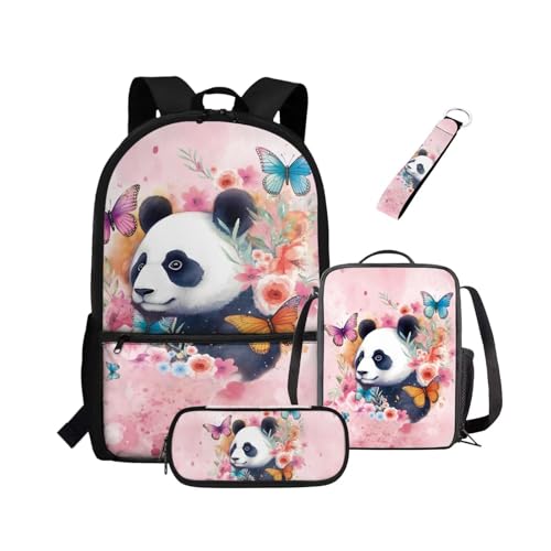 NETILGEN Rucksack für Mädchen, Kinder, Büchertasche mit wärmeisolierter Lunchbox, Federmäppchen, Schlüsselanhänger, 4-teiliges Set, Büchertasche mit Fächern, Schmetterlingspanda, Kinderrucksack NETILGEN Rucksack für Mädchen, Kinder, Büchertasche mit wärmeisolierter Lunchbox, Federmäppchen, Schlüsselanhänger, 4-teiliges Set, Büchertasche mit Fächern, Schmetterlingspanda, Kinderrucksack von NETILGEN