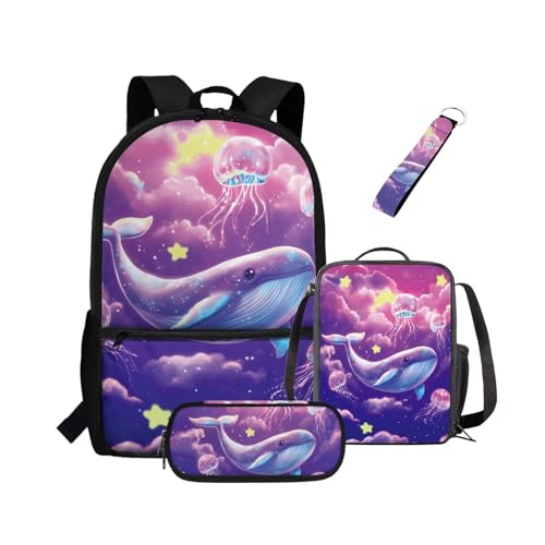 NETILGEN Rucksack für Mädchen, Kinder, Büchertasche mit wärmeisolierter Lunchbox, Federmäppchen, Schlüsselanhänger, 4-teiliges Set, Büchertasche mit Fächern, Wal, Kinderrucksack NETILGEN Rucksack für Mädchen, Kinder, Büchertasche mit wärmeisolierter Lunchbox, Federmäppchen, Schlüsselanhänger, 4-teiliges Set, Büchertasche mit Fächern, Wal, Kinderrucksack von NETILGEN