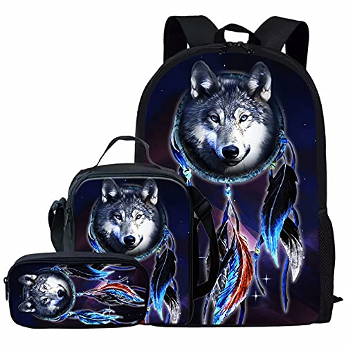 NETILGEN Traumfänger Schwarzer Wolf Jungen Schulranzen, Teenager verpackte Lunchbox, EIN-Schulter-Tasche, Coole 3D Tragbare Federmäppchen, 3-teiliges Set von NETILGEN