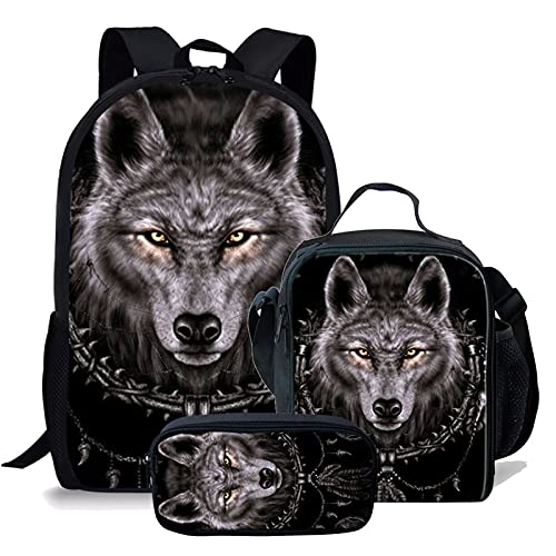 NETILGEN Wolfskopf Halskette Kinder 3-in-1-Schultaschen-Set Schulranzen, Junge Laptop Cool Wolf Umhängetasche Kinder Tierdruck Kinderrucksack Reisetasche Brotdose Bleistift Box Geschenk für Teen Boys von NETILGEN