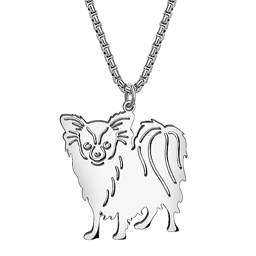 NEWEI Cute Halskette Hund Anhänger 18K Gold Plattiert Edelstahl Mode Haustier Hundeschmuck Geschenke Für Frauen Mädchen Hund Mama Einstellbar Charms (Papillon Versilbert) von NEWEI