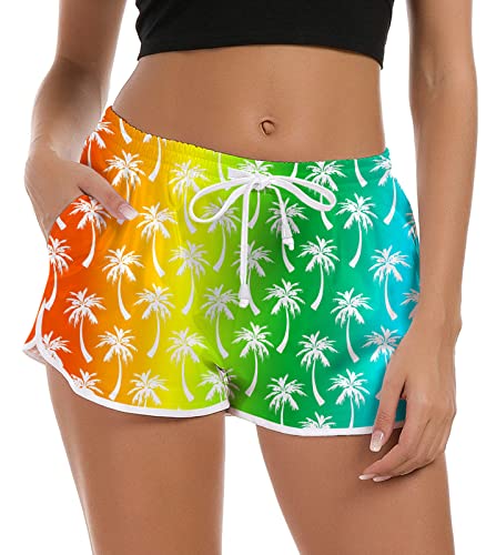 NEWISTAR Badehose Damen High Waist Locker Sommer Kurze Badeshort 3D Palme Druck Hawaii Strand Shorts Schnell Trocknendes UV Sport Badehose Gym Boardshorts mit Taschen,M,40-42,Verfärbende von NEWISTAR