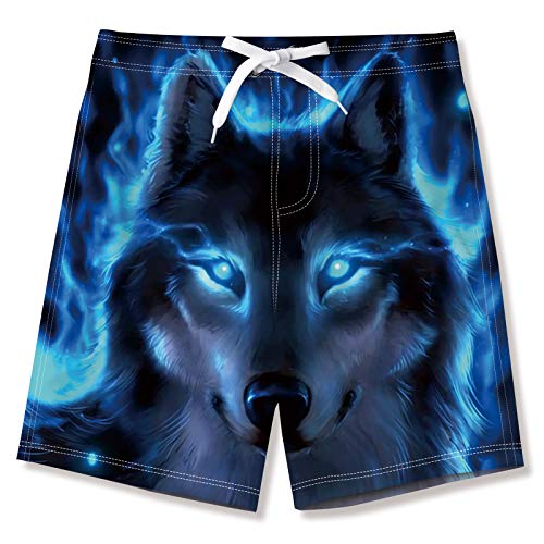 NEWISTAR Badehose Jungen Kinder Badeshorts Lustig 3D Wolf Muster Boarshorts Sommer Schnelltrocknend Badeshorts Hawaii Strand Surf Schwimmhose Urlaub Short Kurze Blau 10-11 Jahre von NEWISTAR