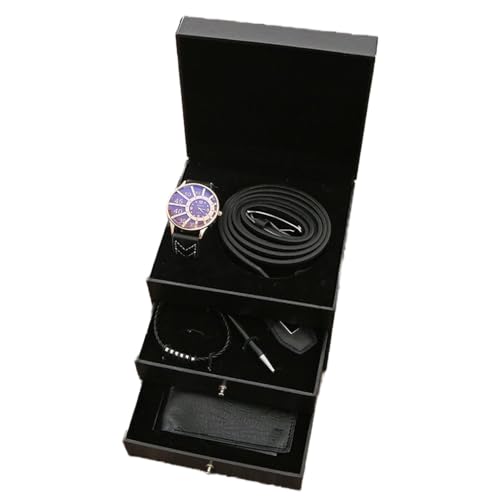 NEWNAN 6 Stück/Set Herren-Geschenkset, Mode-Business-Geschenkbox, 3-lagige Uhr, Ledergürtel, Armband, Geldbörse, Schlüsselanhänger, Stift für Männergeschenke (Farbe: D) von NEWNAN