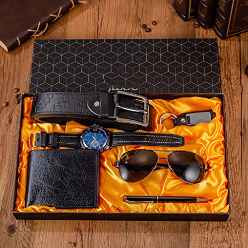 NEWNAN 6 Teile/Satz Herren Boutique Geschenk Set Schwarz Braun Quarzuhr Brille Gürtel Brieftasche Schlüsselbund Kugelschreiber Anzug mit Box Geschenke von NEWNAN