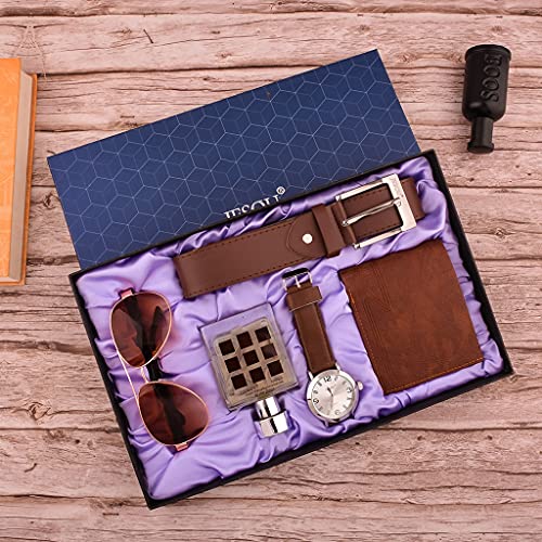 NEWNAN Herren-Geschenkset, wunderschön verpackte Gürteluhr + Sonnenbrille + Geldbörse + Parfümflasche + Gürtelset-Geschenkbox (6 Stück) (Farbe: White-Patch Five-Pointed Star4) von NEWNAN