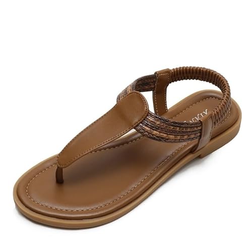 NEWWAN Damen-Sandalen mit niedrigem Keilabsatz und Knöchelriemen, Bohemian-Sommer-Flachsandalen, Sommer-Damen-Sandalen, bequeme Strand-Flip-Flops (Color : Brown, Size : 38 EU) von NEWWAN