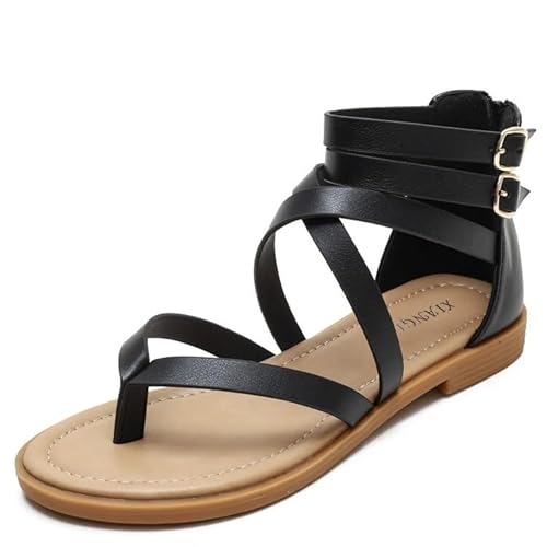 NEWWAN Damen-Sommersandalen, elegante, flache, bequeme Sandalen, Sommer-Damensandalen, offene Zehen, Damenmode, Freizeitschuhe (Color : Black, Size : 36 EU) von NEWWAN