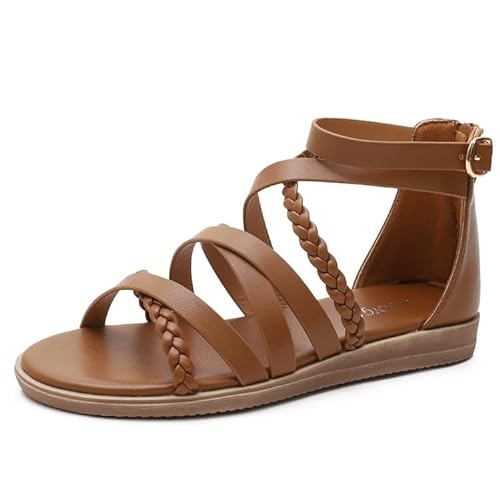 NEWWAN Damen Wide Slide Flache Sandalen Bequeme flache Mode Freizeitschuhe Bohemia Flip Flops Strand Sommer Offene Spitze Damen 2cm (Color : Brown, Size : 38 EU) von NEWWAN