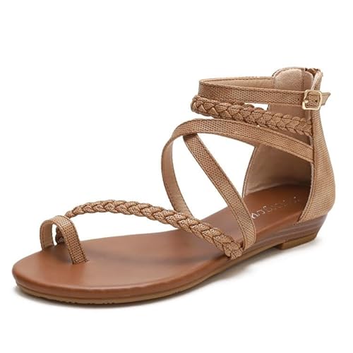 NEWWAN Offene Zehen-Damenmode, Freizeitschuhe, breite Damen-Rutsche, flache Sandalen, böhmische Sommer-Damensandalen, bequeme Strand-Flip-Flops (Color : Brown, Size : 37 EU) von NEWWAN