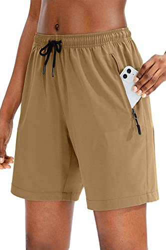 NEYOUQE Kurze Hose Damen Elastischer Bund 3/4 Hose Damen Einfarbig mit Taschen Kurze Sporthose Damen Casual Loose Laufshorts Damen Khaki XL 48-50 von NEYOUQE