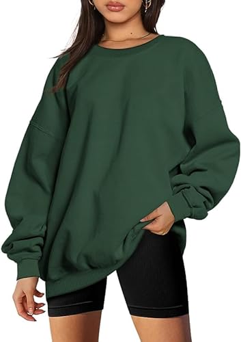 NEYOUQE Pulli Damen Pullover Herbst Langarm Rundhalsausschnitt Sweatshirts für Damen Einfarbige Soft Gefüttert Fleecepullover Damen Grün XL von NEYOUQE