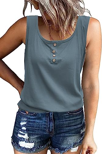 NEYOUQE Top Damen Sommer U-Ausschnitt Ärmellos Tunika Damen Sommer Einfarbig Tank Top Oberteile Damen Sommer Outfits Damen Blau S 36-38 von NEYOUQE