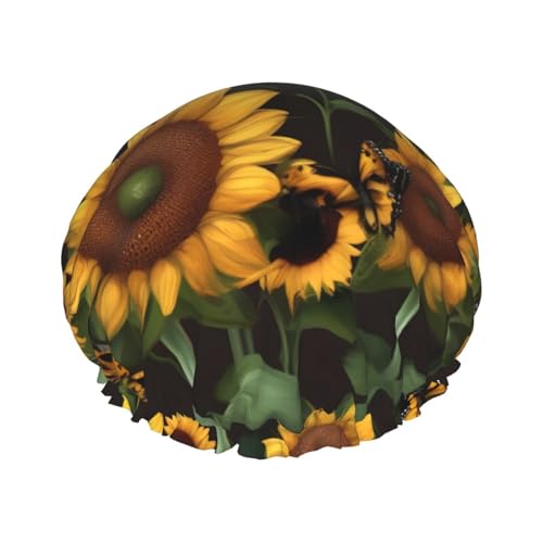 NEZIH Sonnenblumen-Blumen-Schmetterlinge, Kunstdruck, leicht, weich, Duschhaube, umweltfreundlich, Badekappen für Frauen von NEZIH
