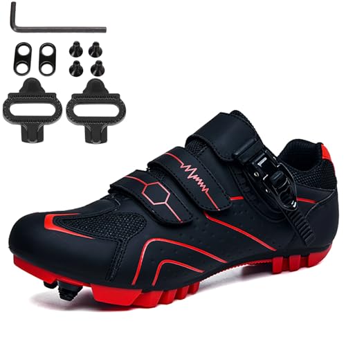 NGARY Fahrradschuhe MTB Herren, Mountainbike Schuhe kompatibel mit SPD 2 Schrauben mit Cleats, Unisex Radsportschuhe Draussen,Black red,42 EU von NGARY