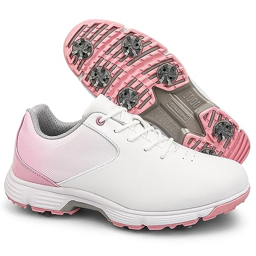 NGARY Frauen Golfschuhe mit versauten lässigen Wasserdichten Sneakers Athlet Girl Golf Fußwears,White pink,39 EU von NGARY