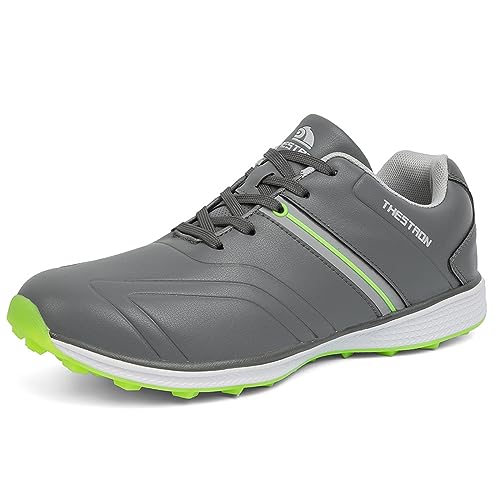 NGARY Herren Golfschuhe Stiefteless wasserdichtes Golf -Turnschuhe Leder Gummi Sole atmungsfreie große Größe für Golftraining,Grau,44.5 EU von NGARY