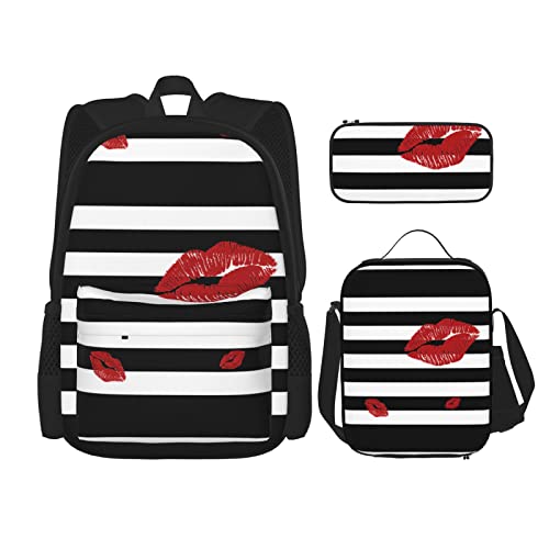 Bunte Marmor Schulrucksack Jungen Mädchen Schule Büchertasche Set Schüler Rucksack mit Lunchbox und Federmäppchen, Rote Öffnung bedruckt mit schwarzen und weißen Streifen, EinheitsgröÃŸe von NHGFVT