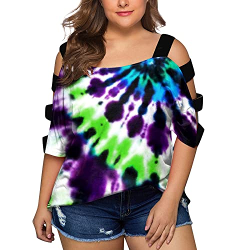 ​Damen Sommer Tie Dye Top Stitching T Shirt Plus Size Tops Kurzarm Workout Shirts Casual Loose Oversize T Shirt Hoodie Damen Elegant Lässige Schulterfreies O-Ausschnitt Bedruckte Top von NHNKB