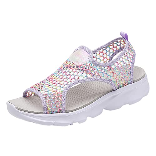 NHNKB Badeschuhe Damen Slides Sandalen Hausschuhe Frauen Sommer Mesh Beach Slip On Sport Casual Open Toe Flat Soft Bottom Atmungsaktive Schuhe Sandalen Damenschuhe Keilabsatz 39 (Purple, 38) von NHNKB