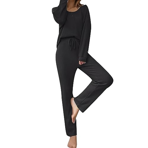 NHNKB Damen Set Hose Und Oberteil Elegant Pyjama Set Damen Lang Baumwolle Damen-Pyjama-Set mit einfarbigem Homewear-Strickoberteil und Langen Hosen mit Gürtel 2 Teiler Damen Winter​ (Black, XL) von NHNKB