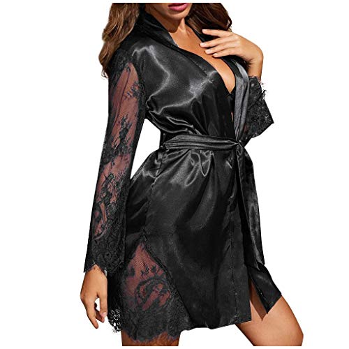 NHNKB Dessous Spitze Kleid Damen Reizwäsche Sexy Body Dessous Spitze Reizwäsche Spitze Schwarz Satin Schlafanzüge Unterwäsche Roben Frauen reizvolle Unterwäsche Schlafanzug Netz Damen Sexy (Black, L) von NHNKB