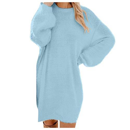 NHNKB Kleid Locker Damen Kleid Herbst Damen Elegant Hoodie Kleid Damen Einfarbiges Kleid Pullover Ärmel Warm Strickkleid Pullover Rollkragen Winter Mini Lange Tasche Damen Strick Kleider von NHNKB