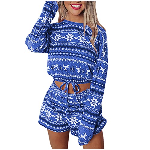 NHNKB Loungewear Damen Set Damen Set Kleidung Elegant Pyjama Set Damen Kurz Baumwolle Frauen Winter Schneeflocken Druck Weihnachten Kurze Vollarm-Anzug mit kurzen Pfannen Zwei Teiler​ (Blue, S) von NHNKB