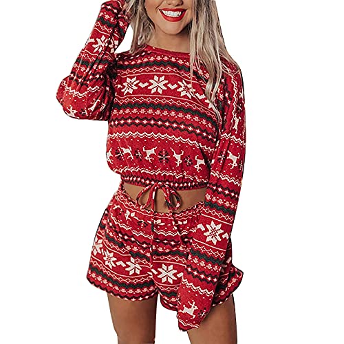 NHNKB Loungewear Damen Set Damen Set Kleidung Elegant Pyjama Set Damen Kurz Baumwolle Frauen Winter Schneeflocken Druck Weihnachten Kurze Vollarm-Anzug mit kurzen Pfannen Zwei Teiler​ (Red, L) von NHNKB