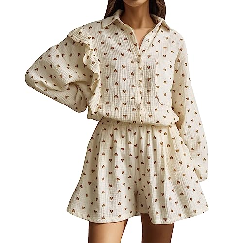 NHNKB Pyjama Set Damen Baumwolle Kurz Frauen Mode Lässig Herz Druck Langarm Blusen Und Shorts Set Sommer Casual Lose Drehen Unten Kragen Hemd Weibliche Kurze Zwei Stück Sets Trägerhose (Beige, S) von NHNKB