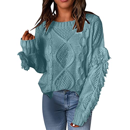 NHNKB Strickpullover Damen Grobmaschig Strickpullover Damen Oversize Herbst Damen Oversized Fuzzy Crewneck Quaste Langarm Pullover Lässige lockere Strickpullover Pullover Tops Cardigan (Blue, L) von NHNKB